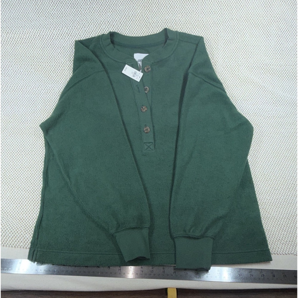 Aerie Women's S‎ Green Solid Henley Top Long Sleeve Crew Neck Button Casual
